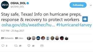@OSHA_DOL Stay safe, Texas! Info on hurricane preps, response & recovery to protect workers  ➡️ http://www.osha.gov/dts/weather/hurricane #HurricaneHarvey