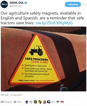 tractor safety tweet @OSHA_DOL Our agriculture safety magnets, available in English and Spanish, are a reminder that safe tractors save lives: http://ow.ly/Z0z630fgWyG
