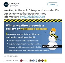 Working in the cold? Keep workers safe! Visit our winter weather page for more information: http://ow.ly/Xhkh306DURr 