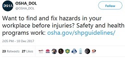 shp tweet @OSHA_DOL Want to find and fix hazards in your workplace before injuries? Safety and health programs work: https://www.osha.gov/shpgui