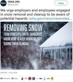 We urge employers and employees engaged in snow removal and cleanup to be aware of potential hazards: https://t.co/JoaXT7MUcD Removing snow from rooftops can be dangerous. Know how to keep workers safe during snow removal.