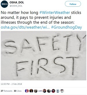 @OSHA_DOL No matter how long #WinterWeather sticks around, it pays to prevent injuries and illnesses through the end of the season: https://www.osha.gov/dts/weather/winter_weather/index.html … #GroundhogDay