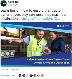 @OSHA_DOL Learn tips on how to ensure that tractor-trailer drivers stay safe once they reach their destination: https://www.osha.gov/Publications/OSHA3944.pdf