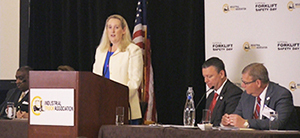 OSHA Deputy Assistant Secretary Loren Sweatt speaking at National Forklift Safety Day event.