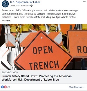 From June 18-23, OSHA is partnering with stakeholders to encourage companies that use trenches to conduct Trench Safety Stand Down activities. Learn more trench safety, including five tips to help protect workers: https://blog.dol.gov/2018/06/20/trench-safety-stand-down-protecting-american-workforce