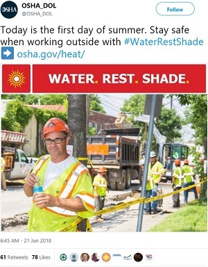@OSHA_DOL: Today is the first day of summer. Stay safe when working outside with #WaterRestShade ➡️ https://www.osha.gov/heat