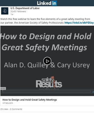 LinkedIn post: Watch this free webinar to learn the five elements of a great safety meeting from our partner, the American Society of Safety Professionals: https://lnkd.in/dbYGUzy