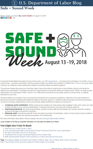 U.S. Department of Labor blog post on Safe + Sound Week by OSHA Deputy Assistant Secretary Loren Sweatt.
