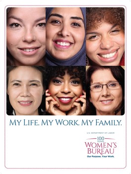 Poster of 6 women with the words "my life, my work, my family" and the WB100 logo