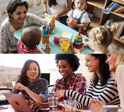 collage of women around a computer and a children with a child care employee