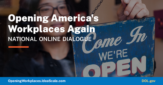 National Online Dialogue: Opening America's Workplaces Again photo featuring woman with an open sign for her business