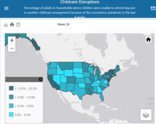 Screenshot of Census Household Pulse Survey interactive data tool, map of childcare disruptions in US states week 30