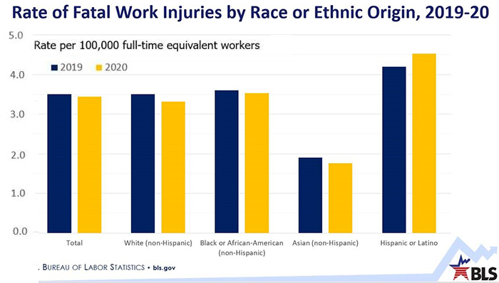 Chart showing rate of fatal work injuries by race or ethnic origin, 2019-20
