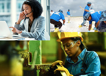 A collage of workers in different settings, and office, a factory and a beach where workers are performing oil spill cleanup operations.