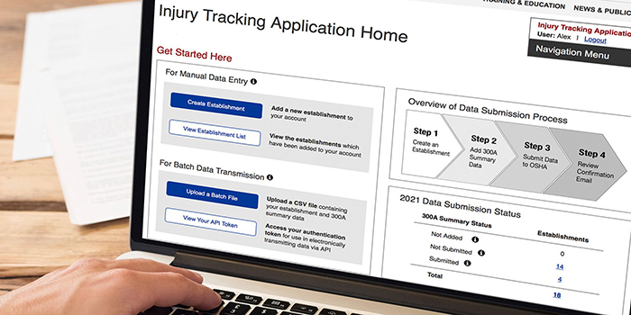 An employer electronically submitting Form 300A workplace injury and illness data into OSHA's online Injury Tracking Application.