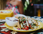 Mexican food tacos dip colorful food table