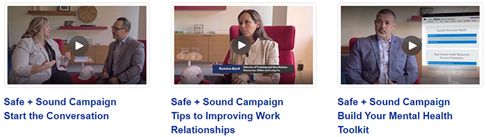 Screenshot of three Safety and Health Programs: Safe + Sound videos on mental health