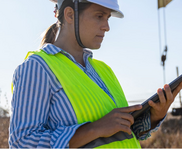 Pregnant worker wearing safety vest and helmet