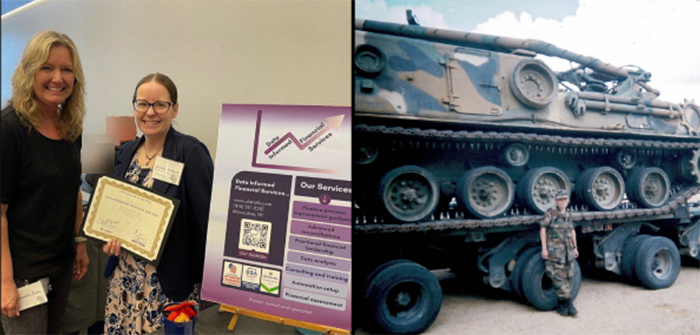 Jen Gollnick, an Army National Guard veteran with certificate. Jen in Army uniform standing in front of tank on a truckbed.