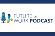 Logo of the Future of Work podcast, which includes a microphone icon next to a vertical stack of colorful parallelograms.