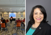 a portrait of a woman, then a picture of her presenting in a conference room