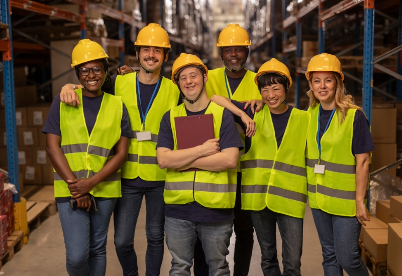 workers posing in construction safety gear.