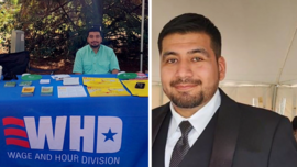 two images of a man posing at an information both and also in a suit