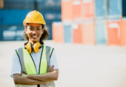 Young worker smiling at camera, wearing a safety vest and hard hat in a work zone with shipping containers.