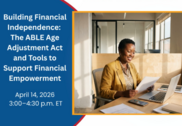 Promotional graphic for an April 14 webinar about ABLE accounts. Photo of smiling woman sitting looking at papers at a desk.