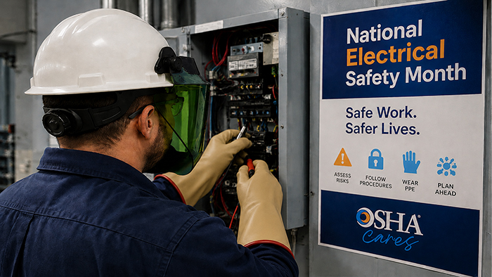 Worker wearing proper PPE working on electrical panel. Poster on wall next to him says National Electrical Safety Month. Safe Work. Safer Lives. Assess Risks - Follow Procedures - Wear PPE - Plan Ahead. The OSHA Cares logo is at the bottom of the poster..