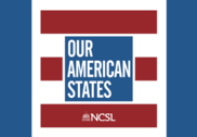 "Our American States" podcast logo in red, white, and blue.
