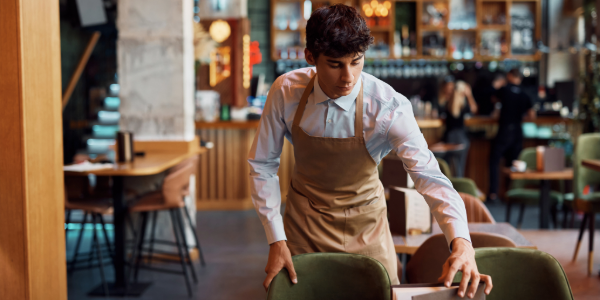A restaurant worker wearing a white shirt and tan apron adjusts a chair beside a table in a modern café.