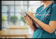 Closeup of a healthcare worker wearing green scrubs and writing on a clipboard with a stethoscope around their neck.
