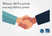 Cartoon image of a handshake. Text reads, "Webinar: MOUs and the one-stop delivery system."