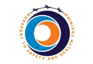 Swirling, circular orange and blue graphic on a white background with the words "Passport to Safety and Health Training."