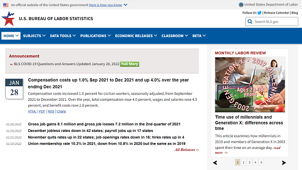 BLS website homepage in January 2022