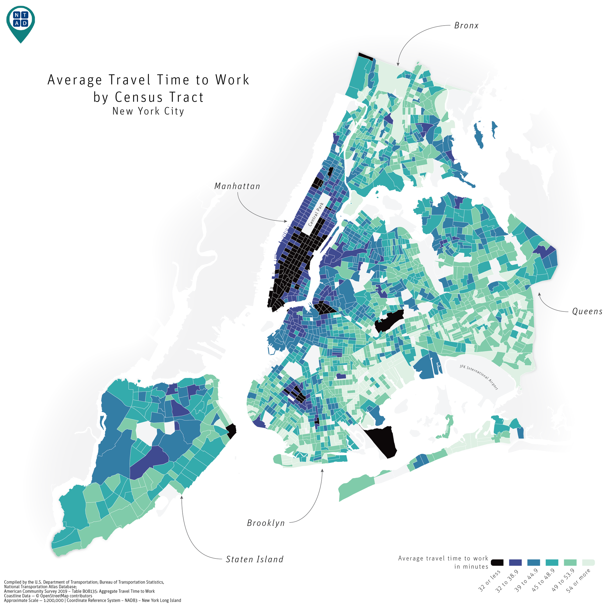 Map of Average Travel Time to Work by Census Tract (NYC)