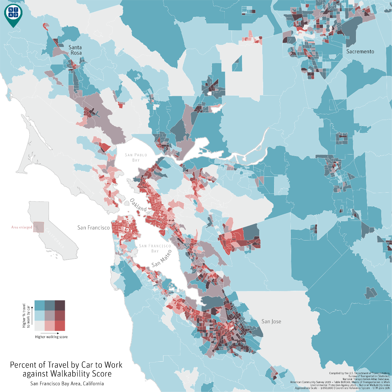 Map of Percent of Travel By Car to Work against Walkability Score (San Francisco Bay Area, CA)
