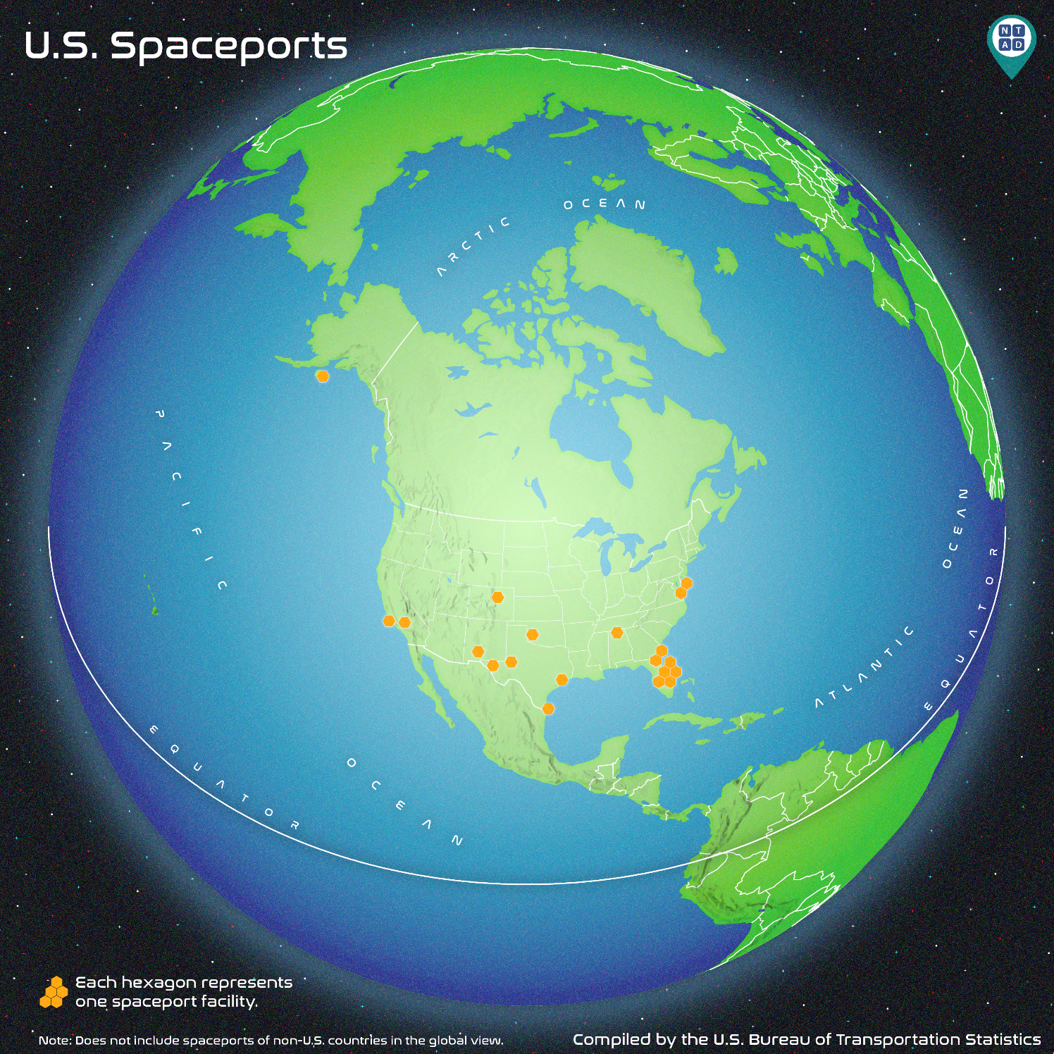 Database of U.S. spaceports in the shape of a globe