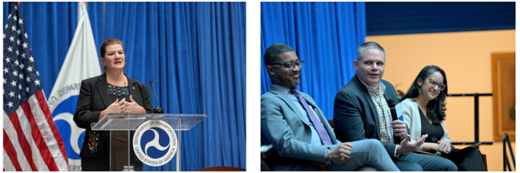 Photo of Mariia Zimmerman speaking on stage, and photo of Christopher Coes, Matthew Tejada, and Ana Mascareñas sitting on stage.