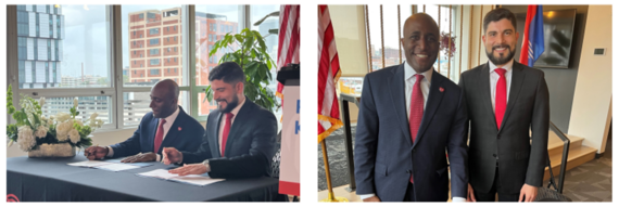 two men signing a document on the left and standing next to each other on the right