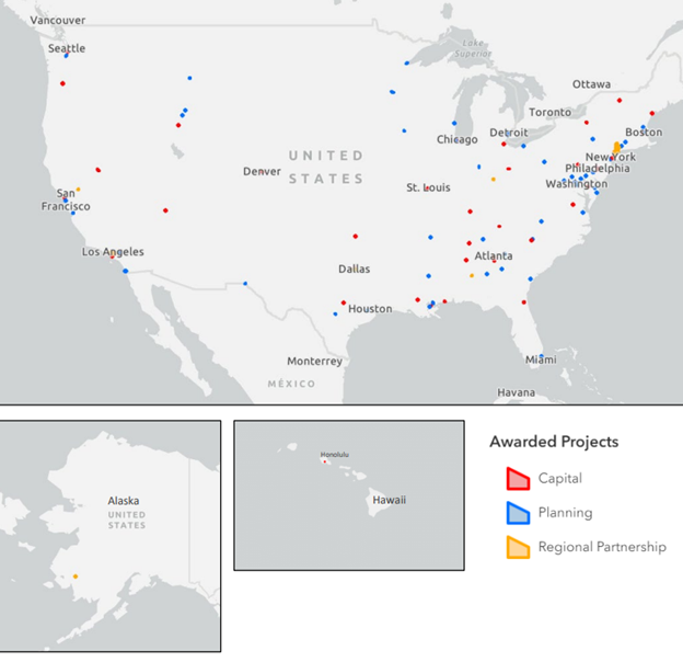 Map of FY 2023 Reconnecting Communities and Neighborhood Grant Recipients 