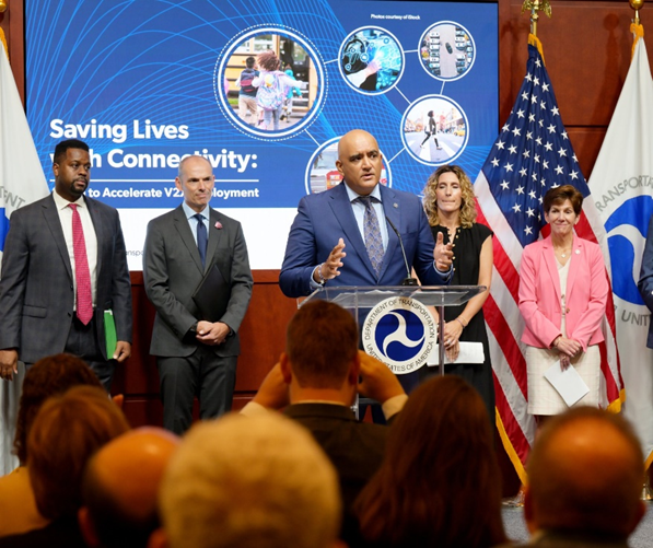 FHWA Administrator Shailen Bhatt speaking at August 23 USDOT V2X Press Event