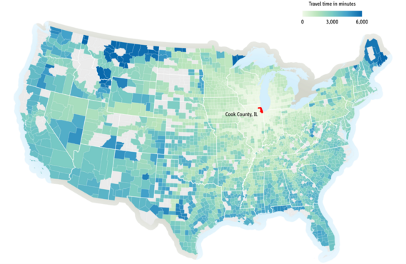 Choropleth map of U.S. shows freight truck travel times departing Cook County, Illinois, travel times increase further trucks traveled away.