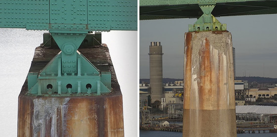 Left: Close up image of a truss bearing and pier cap on the Tobin Bridge. Right: Wide image of truss bearing and pier cap on the Tobin Bridge.