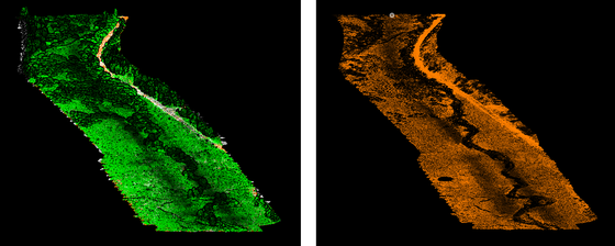 Point cloud images on left showing vegetation, on right vegetation removed.