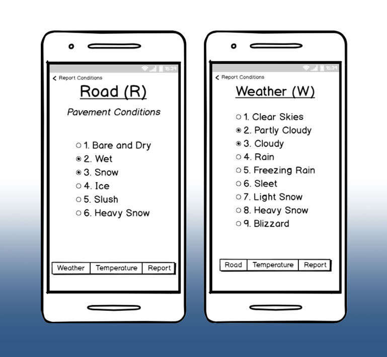 Graphic representing the proposed design of the MaineDOT road and weather condition reporting app.