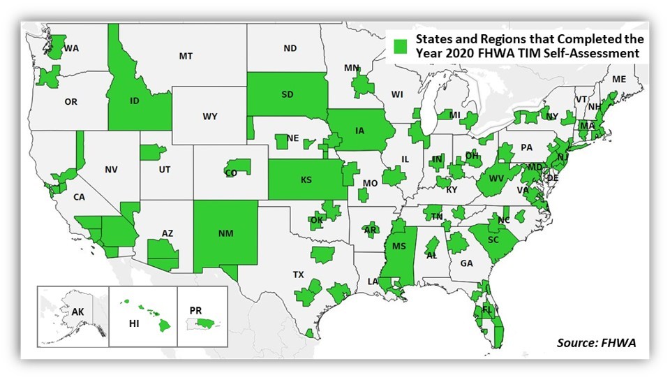 Map of United States with metropolitan regions and States that have completed the FHWA TIM Self-Assessment colored green.