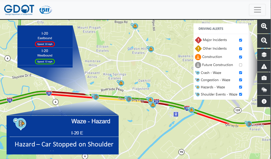 Georgia DOT 511 website is used by its safety service patrol to monitor queuing and Waze reports.