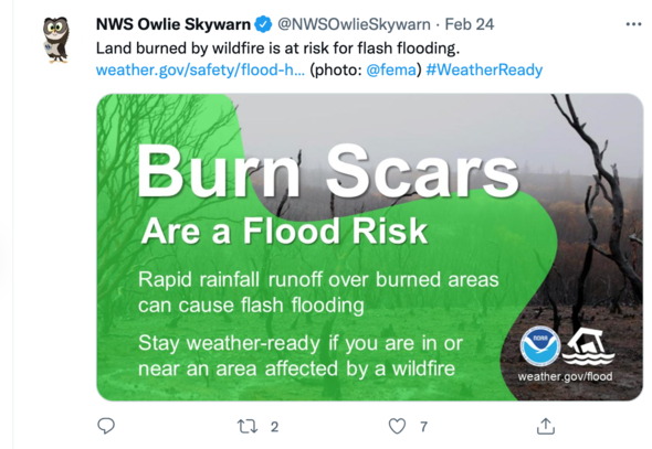 National Weather Service retweet of Burn Scar public service announcement from NWS Owlie Skywarn from Feb. 24, 2022